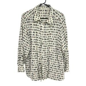 Whimsical Bird Print Button Up Blouse Size XL Cream Quirky Teacher‎ Core Artsy